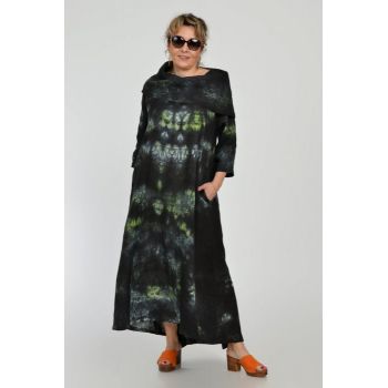 Rochie maxi,  A-line, din in, cu guler amplu, cu imprimeu boem tie-dye negru