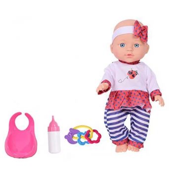 Bebelus de jucarie, cu hainute, biberon si jucarii zornaitoare, plastic, 28 cm, multicolor, 18+ luni