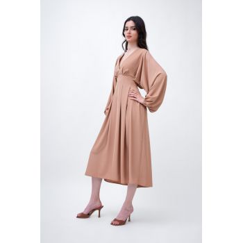 Beige Midi Dress With Balloon Sleeves And V-neck