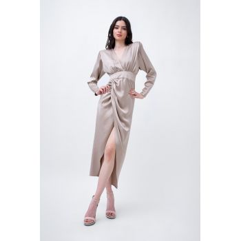 Beige Satin Midi Dress With Draping
