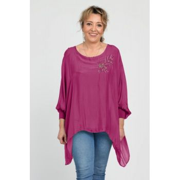 Bluza din matase naturala in colturi cu broderie cu paiete aurii mate, mov zmeura