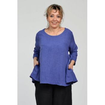 Bluza evazata cu clin la spate din in, albastra