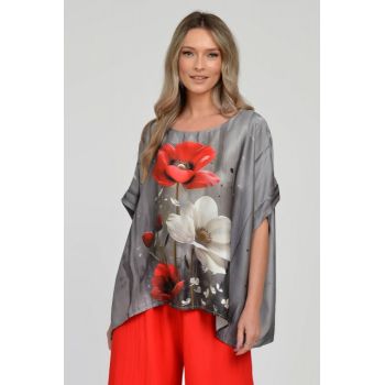 Bluza gri maneca scurta din matase si vascoza, imprimeu pictural cu flori