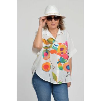 Camasa oversize cu maneca scurta din in si vascoza, imprimeu flori picturale multicolore