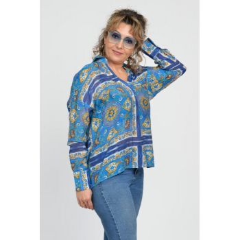 Camasa vaporoasa oversize, cu imprimeu in nuante de albastru