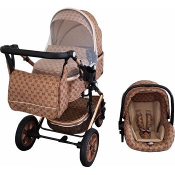 Carucior pentru copii Baby Care Pro 530 Crem cu Imprimeu Bambucci 3 in 1 Transformabil, Cadru Aluminiu, Amortizoare, Roti din cauciuc, Spatar reglabil 3 trepte, Plasa insecte, Geanta