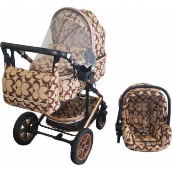 Carucior pentru copii Baby Care Pro 530 Crem cu Imprimeu Oval 3 in 1 Transformabil, Cadru Aluminiu, Amortizoare, Roti din cauciuc, Spatar reglabil 3 trepte, Plasa insecte, Geanta