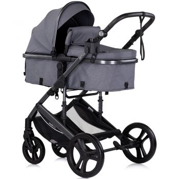 Carucior pentru copii Chipolino Amore Cloud Grey 3 in 1 transformabil, cu suspensii, spatar reglabil, husa de picioare, gentuta si suport pahar
