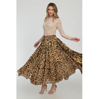 Fusta maxi, foarte ampla, clos, din batist de bumbac, animal print