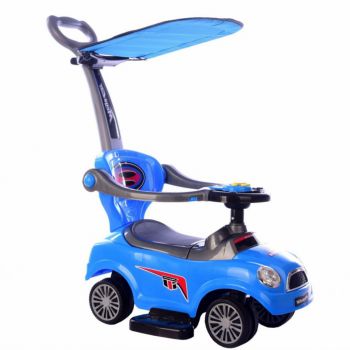 Masinuta pentru copii Novokids Mega Car Plus Albastru cu Melodii, Maner si Copertina detasabile, Greutate admisa 20kg