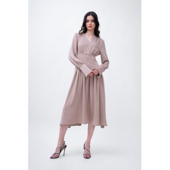 Midi beige dress with pleats and asymmetrical cut neck