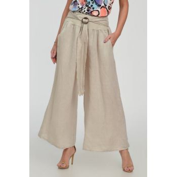 Pantaloni drepi, largi, de vara, din in, cu accesoriu de lemn, bej
