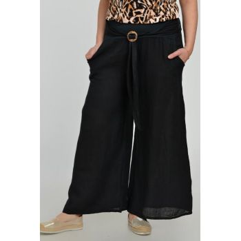 Pantaloni drepi, largi, de vara, din in, cu accesoriu de lemn, negri