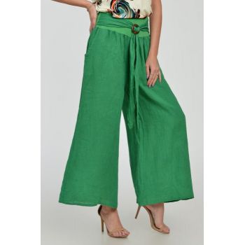Pantaloni drepi, largi, de vara, din in, cu accesoriu de lemn, verzi