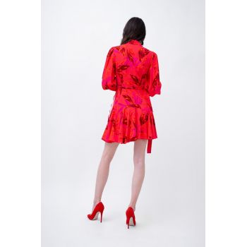 Red Printed Mini Dress With Lapels