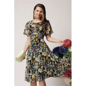 Rochie de zi vaporaosa din voal neagra cu imprimeuri florale galbene si verzi