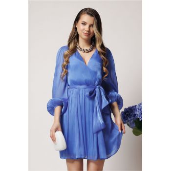 Rochie DY Fashion eleganta din voal bleu cu fir lurex si cordon in talie