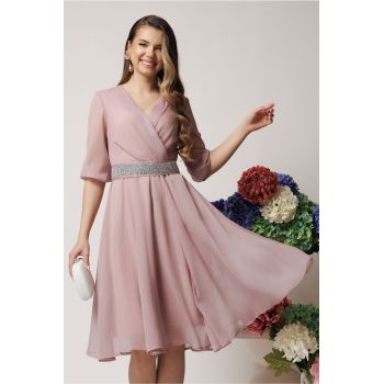Rochie DY Fashion eleganta din voal roz prafuit cu fir stralucitor si cordon