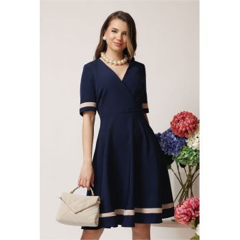 Rochie DY Fashion office din stofa bleumarin cu benzi bej