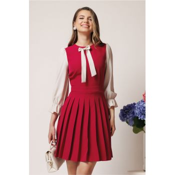 Rochie DY Fashion office din stofa magenta cu maneci din voal si funda pe bust