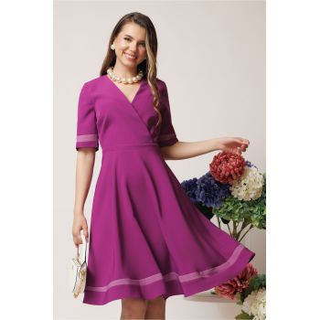 Rochie DY Fashion office din stofa mov cu benzi lila
