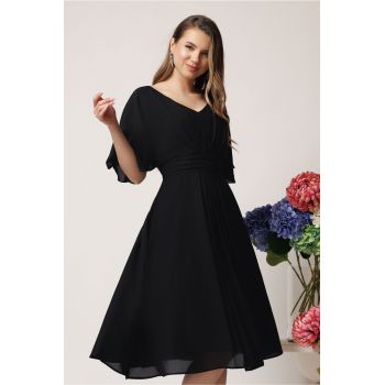 Rochie eleganta vaporoasa din voal neagra cu pliuri pe talie