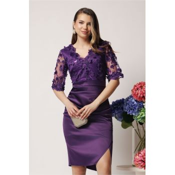 Rochie Ella Collection Catlyn din tafta mov de ocazie cu broderie pe bust