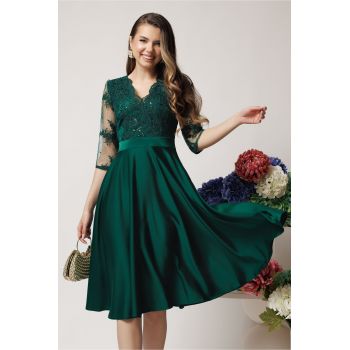Rochie Ella Collection Inna din tafta verde cu dantela la bust