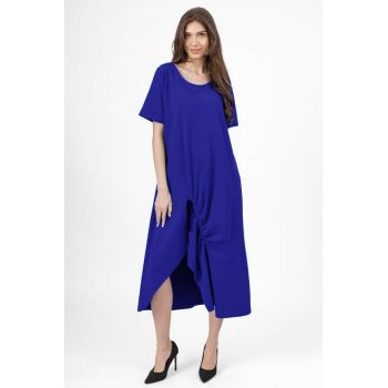 Rochie lunga A-line albastra, din tricot de bumbac cu siret la poale