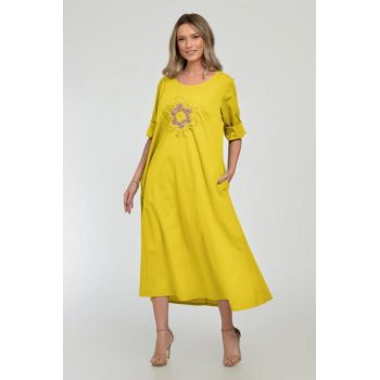 Rochie lunga A-line cu floare paiete aurii mate, din poplin de bumbac, galbena