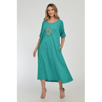 Rochie lunga A-line cu floare paiete aurii mate, din poplin de bumbac, turcoaz