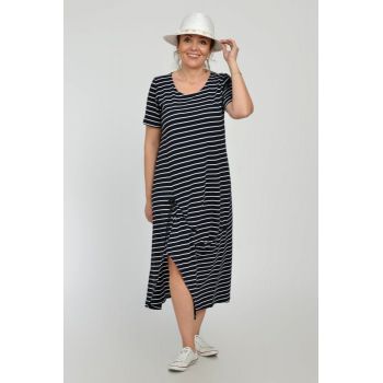 Rochie lunga A-line din tricot de vascoza cu siret la poale, bleumarin cu dungi albe