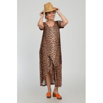 Rochie lunga A-line din tricot de vascoza cu siret la poale, imprimeu animal print