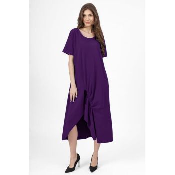 Rochie lunga A-line mov inchis, din tricot de bumbac cu siret la poale