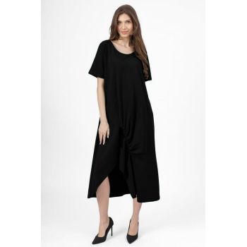 Rochie lunga A-line neagra, din tricot de bumbac cu siret la poale