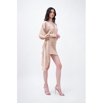 Rochie mini bej din voal printat cu esarfa