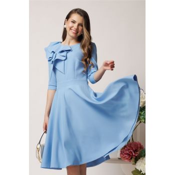 Rochie office din stofa bleu cu volan maxi pe bust