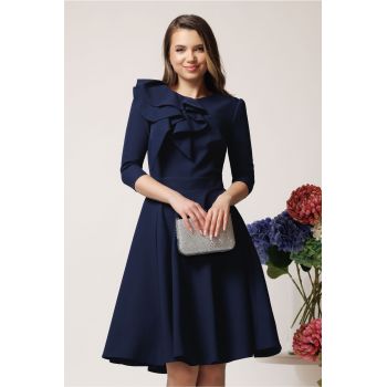 Rochie office din stofa bleumarin cu volan maxi pe bust