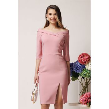 Rochie La Donna de ocazie din stofa roz conica cu decolteu barcuta