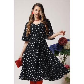 Rochie vaporoasa din voal neagra cu buline si pliuri pe talie