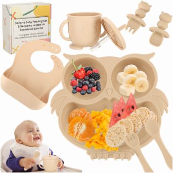 Set 8 piese diversificare hrana bebelusi, Ikonka, din silicon alimentar, durabile si flexibile, Bol si farfurie cu ventuze, tacamuri, Cana cu pai, model Beige Owl
