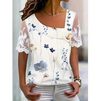 Bluza cu dantela, de dama, maneca scurta, alba cu flori
