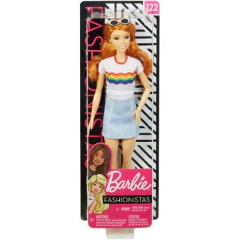 Papusa Barbie Fashionista Cu Fustita Si Tricou Curcubeu