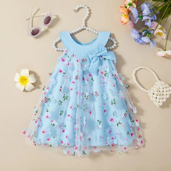 Rochie Albastra Fetite cu Floricele Valeria - 6-9 luni