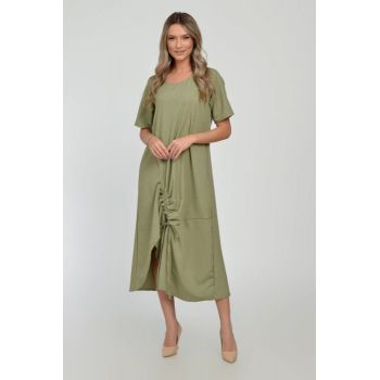 Rochie lunga A-line din in mercerizat cu siret la poale, kaki deschis