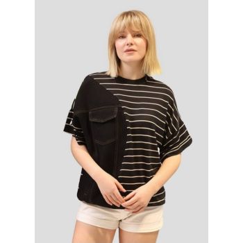 Bluza din doua tesaturi, blug negru si tricot in dungi ieftin