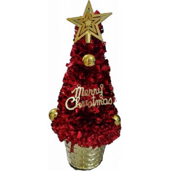 Brad artificial de Craciun Novokids Mini Christmas Tree Rosu pentru casa si birou, Cu decoratiuni si suport incluse, Inaltime 35 cm