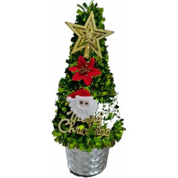 Brad artificial de Craciun Novokids Mini Christmas Tree Verde deschis pentru casa si birou, Cu decoratiuni si suport incluse, Inaltime 35 cm