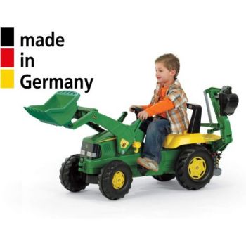 Buldoexcavator cu pedale John Deere, tractor cu cupa fata si excavator spate