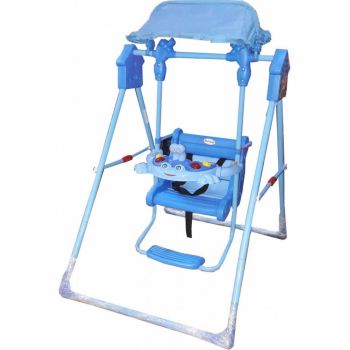 Leagan pentru copii Novokids Broscuta Albastru pentru interior si exterior, Cu melodii si lumini, Suport picioare, Centura de siguranta